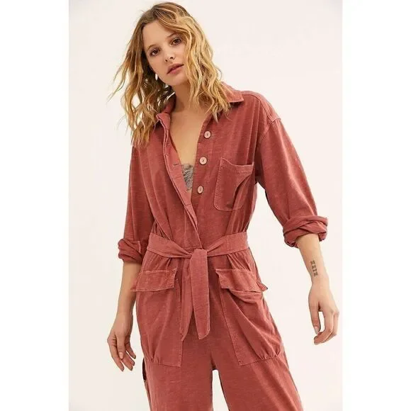 NEW FREE PEOPLE MORE LIKE THIS BELTED ONE PIECE JUMPSUIT JUMPER TERRACOTTA - Picture 4 of 4